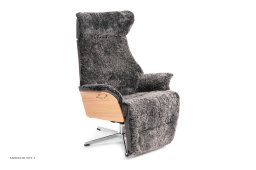 Air l�nestol med indbygget fodskammel, Eg lak, Drejefod aluminium, F�reskind | Sheepskin Charcoal | Conform