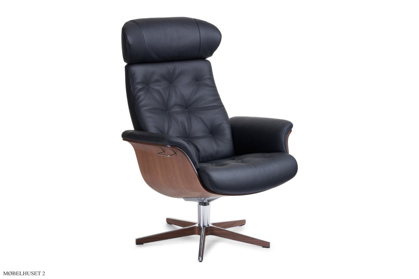 Timeout med indtr�kninger l�nestol, Valn�d, Drejefod tr�/aluminium, L�der | Fantasy Black 89 | Conform