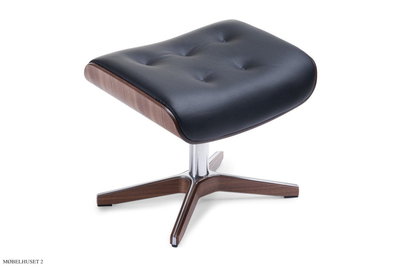 Timeout med indtr�kninger fodskammel, Valn�d, X-fod tr�/aluminium, L�der | Fantasy Black 89 | Conform