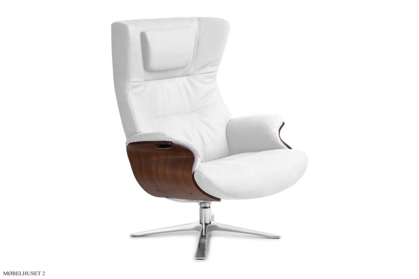 Afterwork l�nestol, Valn�d, Quattro drejefod aluminium, L�der | Fantasy White 01 | Conform
