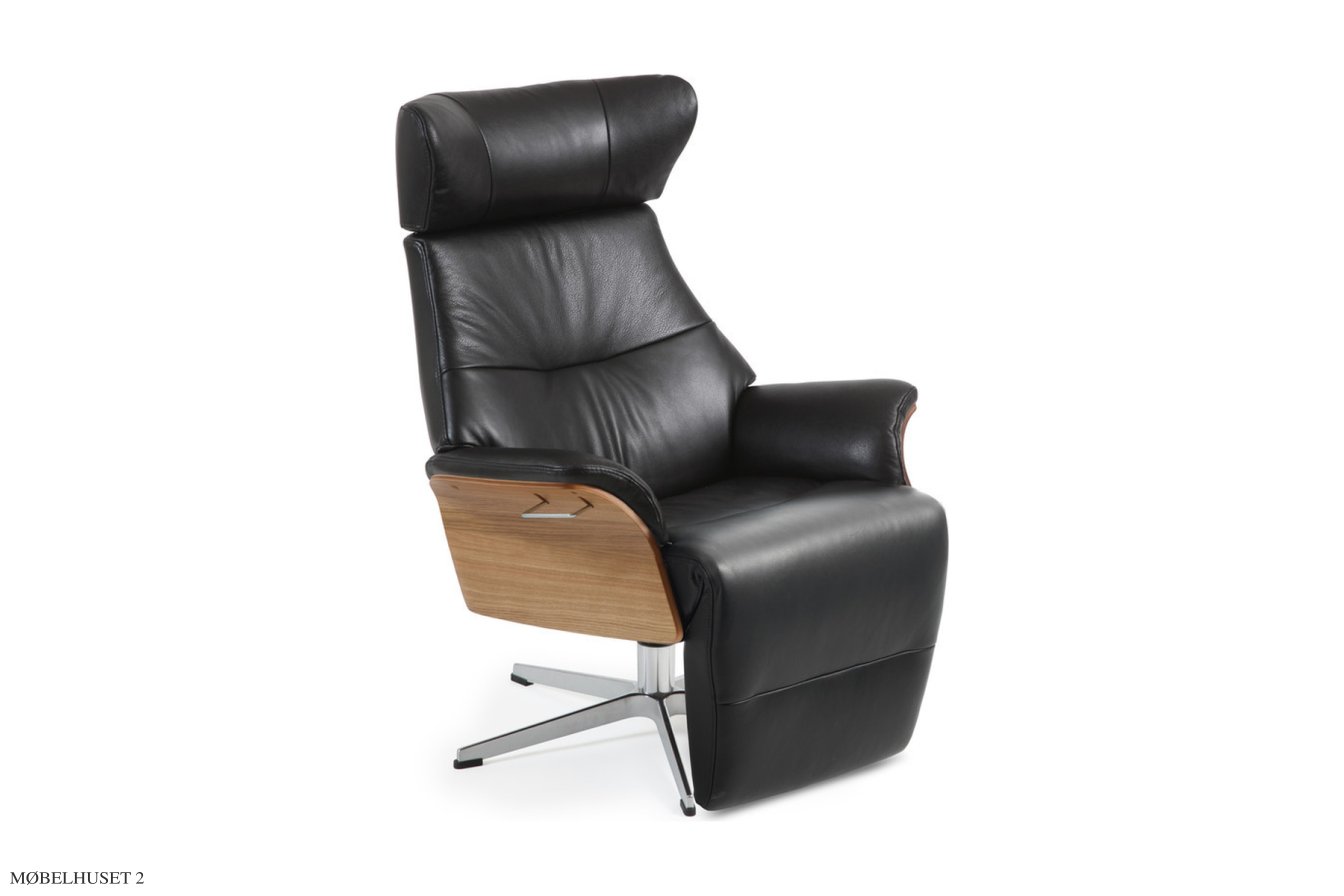 Air l�nestol med indbygget fodskammel, Eg lak, Drejefod aluminium, L�der | Zero Black 89 | Conform