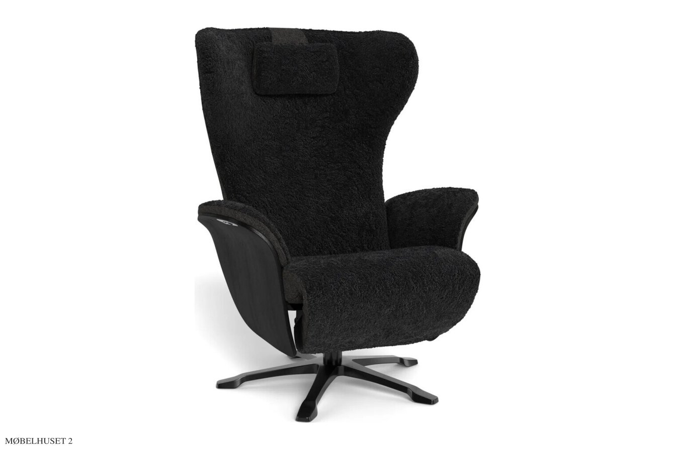 Aviora recliner l�nestol, Eg sortbejdset, Drejefod sort aluminium, F�reskind | Sheepskin Black | Conform