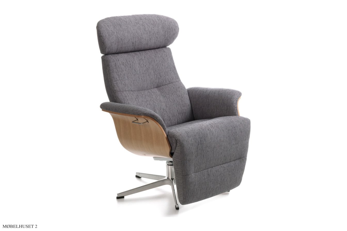 Timeout l�nestol med indbygget fodskammel, Eg lak, Drejefod aluminium, Stof | Cortina Grey 77 | Conform