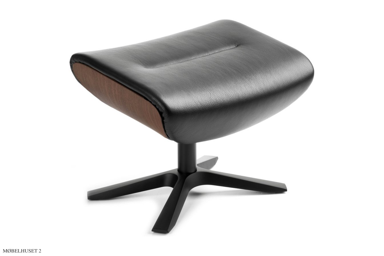 Afterwork fodskammel, Valn�d, Quattro x-fod sort aluminium, L�der | Fantasy Black 89 | Conform