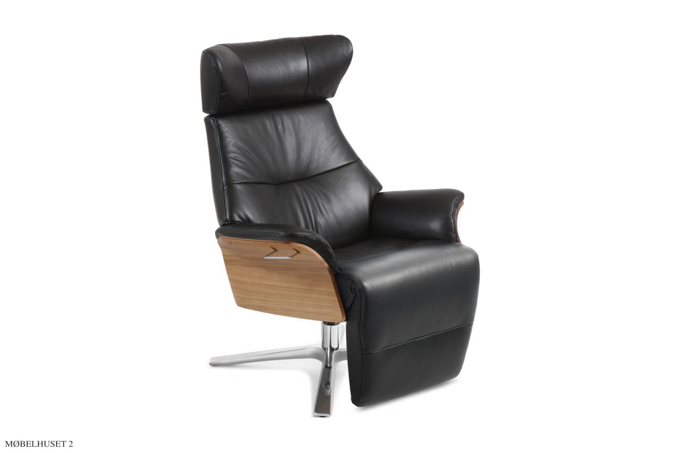 Air l�nestol med indbygget fodskammel, Eg lak, Quattro drejefod aluminium, L�der | Zero Black 89 | Conform
