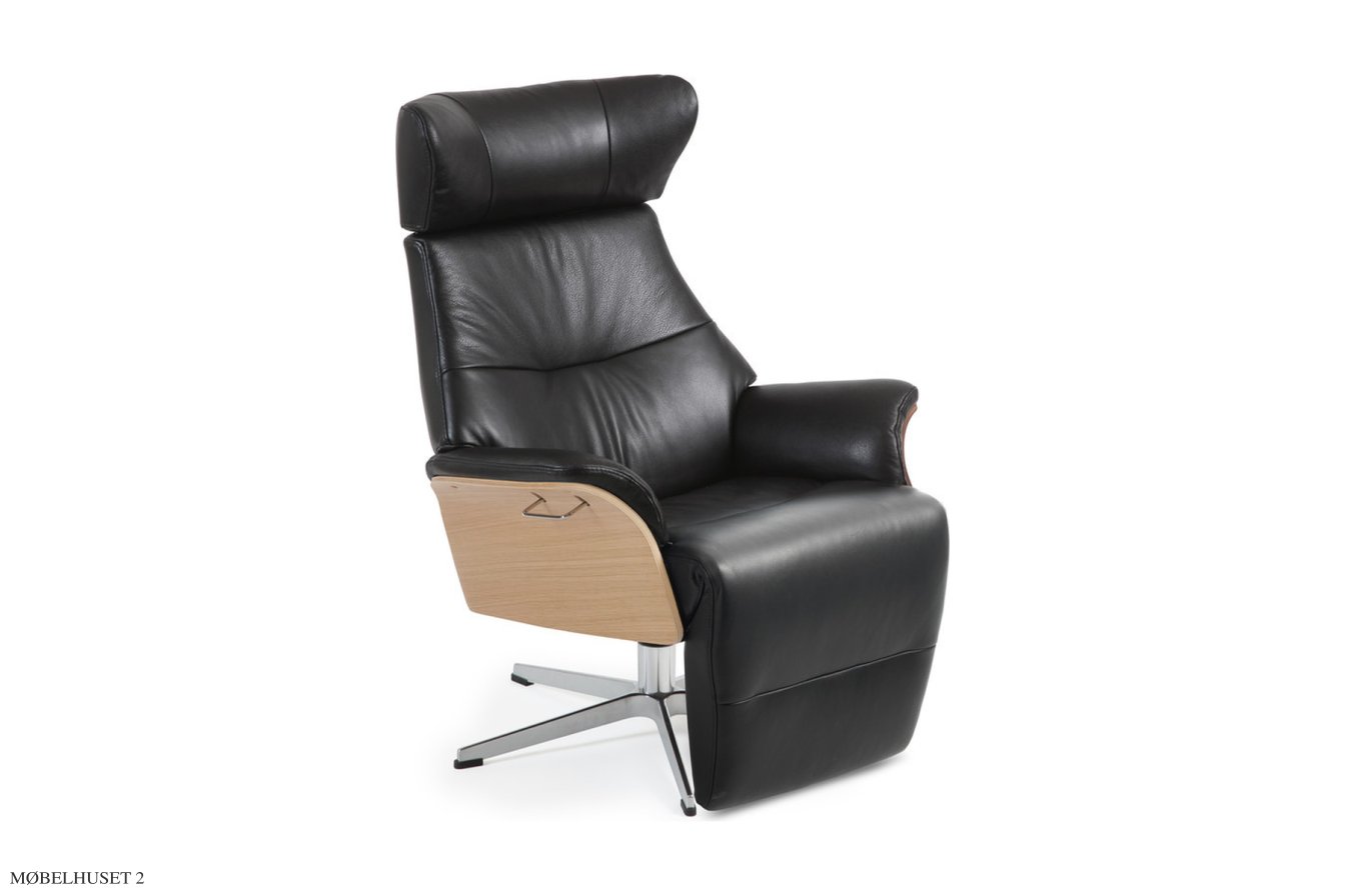 Air l�nestol med indbygget fodskammel, Eg ubehandlet, Drejefod aluminium, L�der | Zero Black 89 | Conform