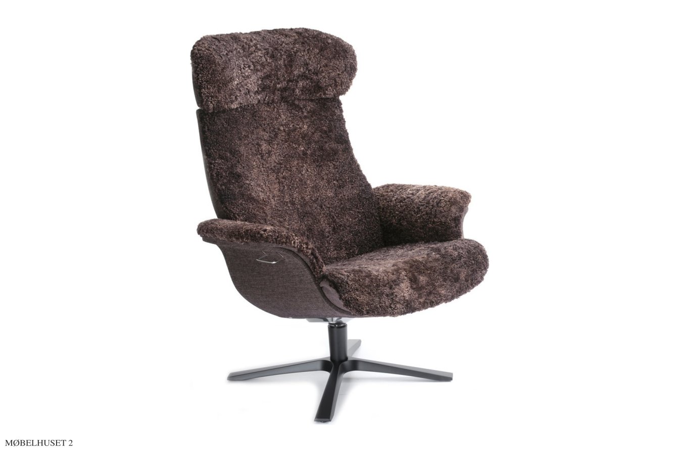 Timeout Large l�nestol, Helpolstret, Quattro drejefod sort aluminium, F�reskind | Sheepskin Espresso | Conform