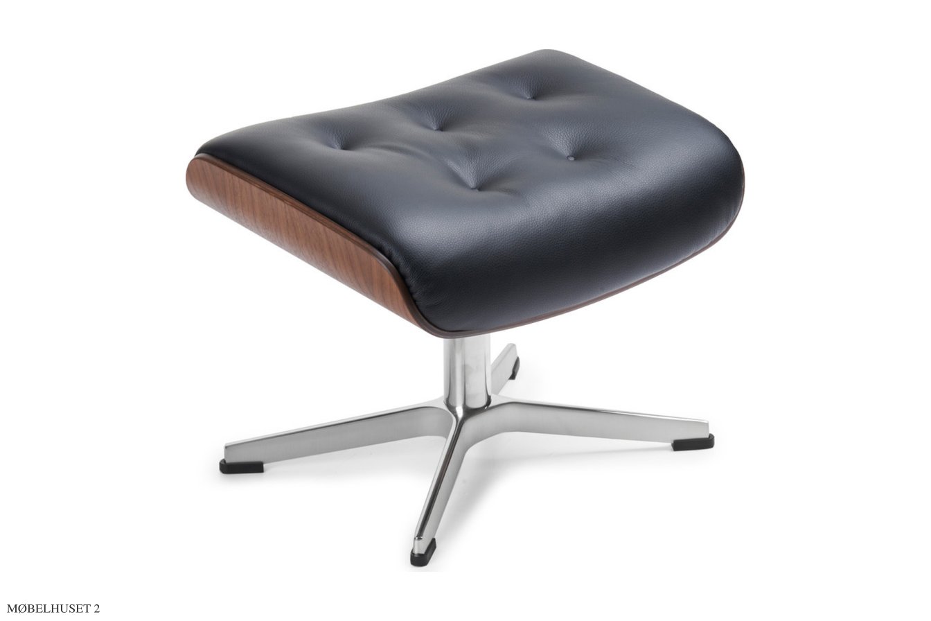 Timeout med indtr�kninger fodskammel, Valn�d, X-fod aluminium, L�der | Fantasy Black 89 | Conform