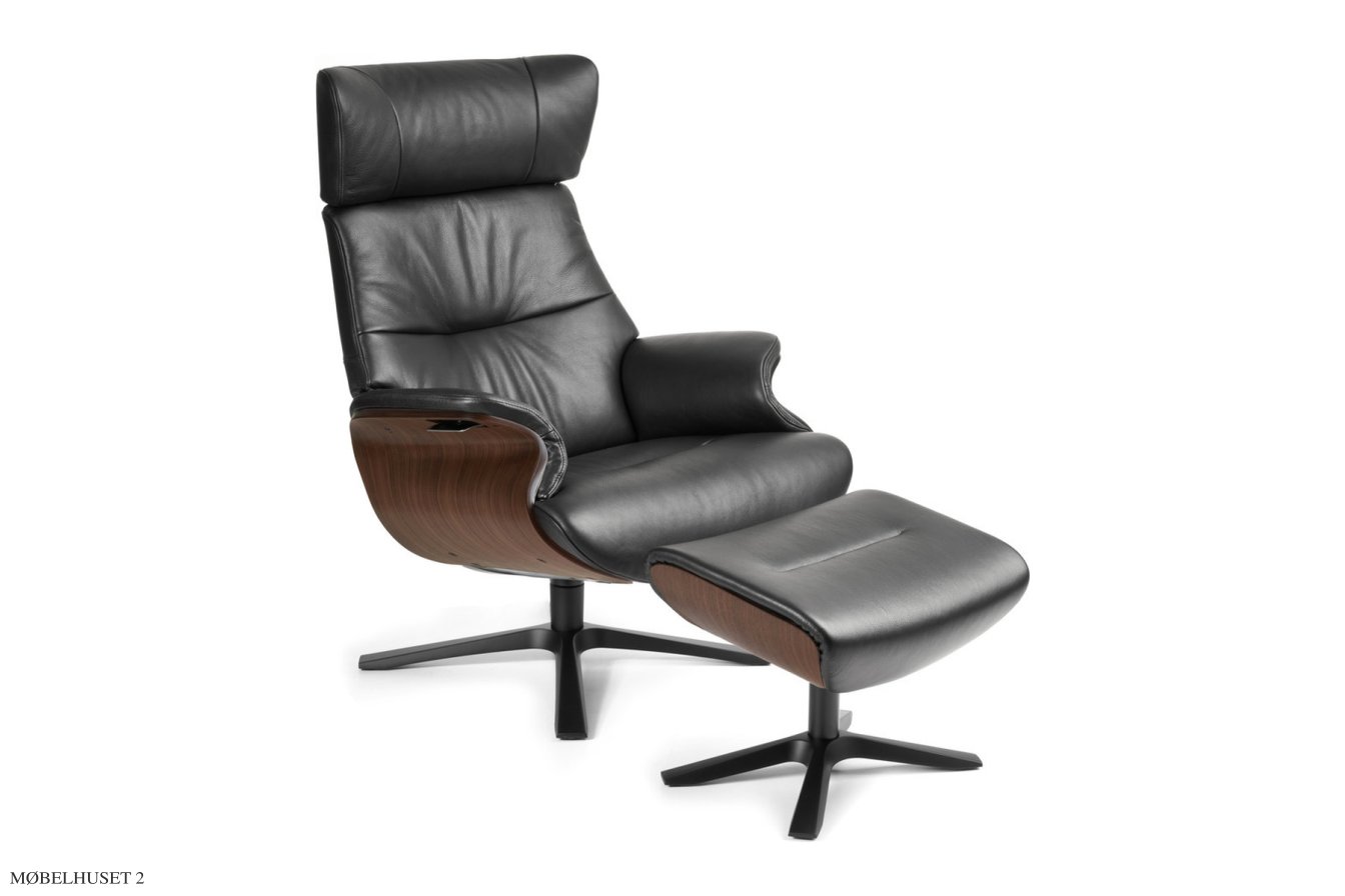 Afterwork 2 med regulerbar nakkest�tte l�nestol, Valn�d, Quattro drejefod sort aluminium, L�der | Fantasy Black 89 | Conform