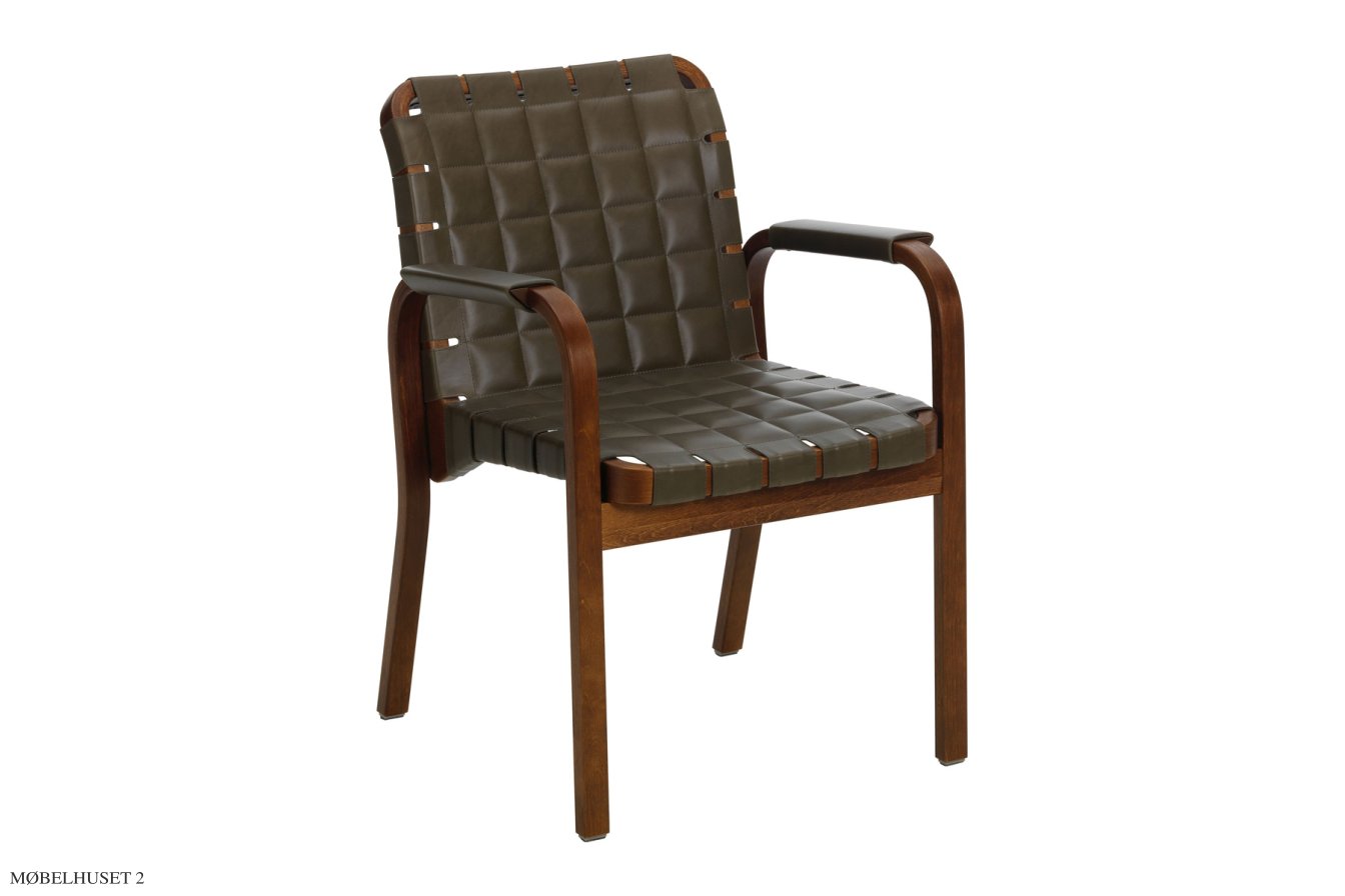 Armchair 45 armstol, Birk Valn�d bejdse | Envy l�der, olive | Artek
