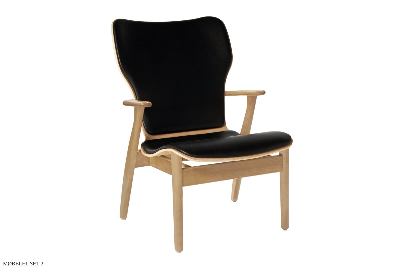 Domus Lounge Chair Sessel, Birke lackiert | Prestige Leder schwarz | Artek