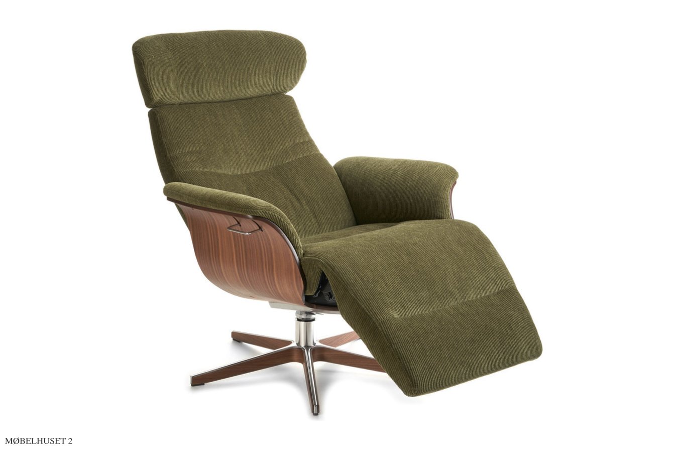 Timeout l�nestol med indbygget fodskammel, Valn�d, Drejefod tr�/aluminium, Stof | Manchester Green 26 | Conform