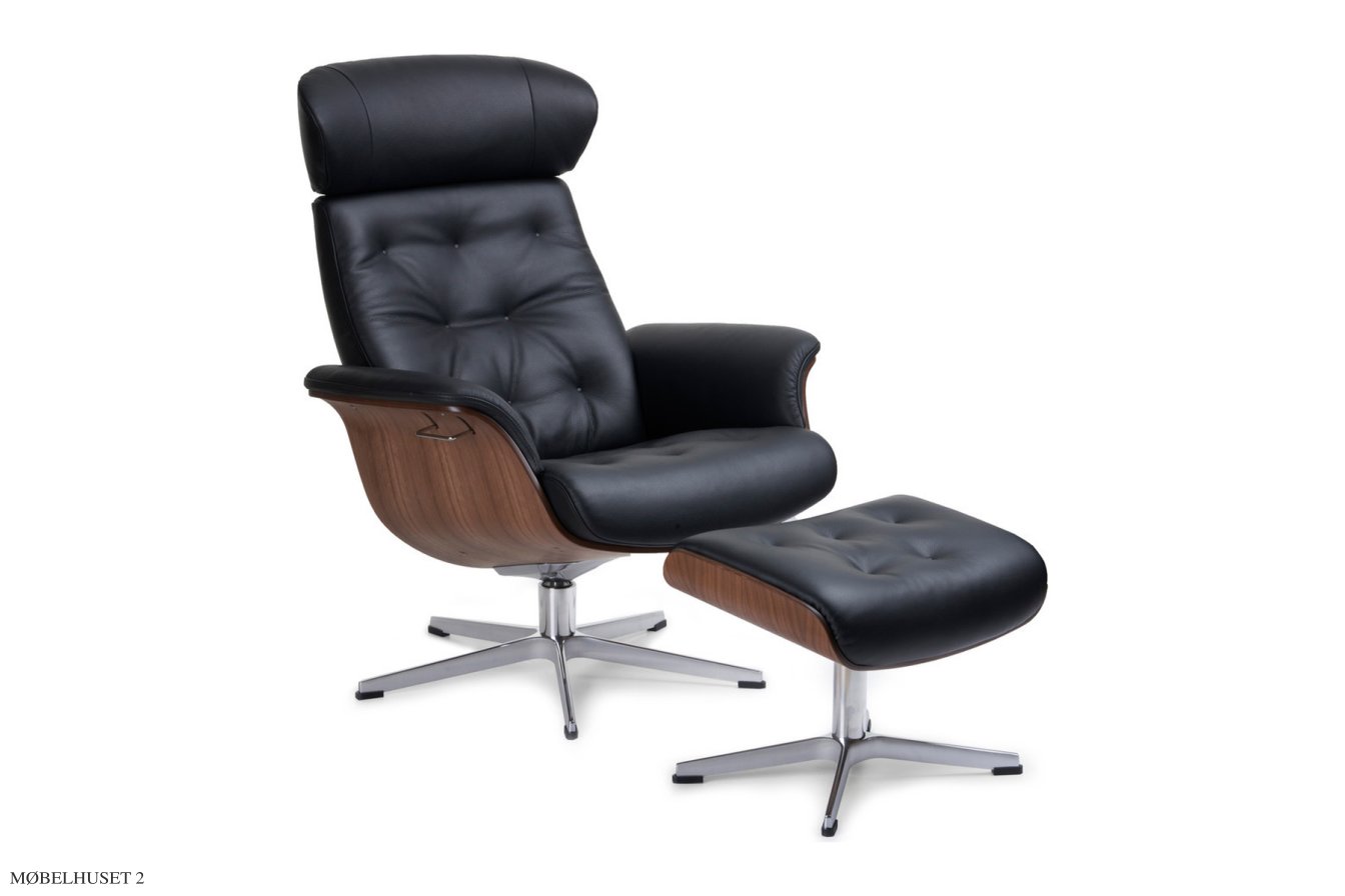 Timeout med indtr�kninger l�nestol, Valn�d, Drejefod aluminium, L�der | Fantasy Black 89 | Conform