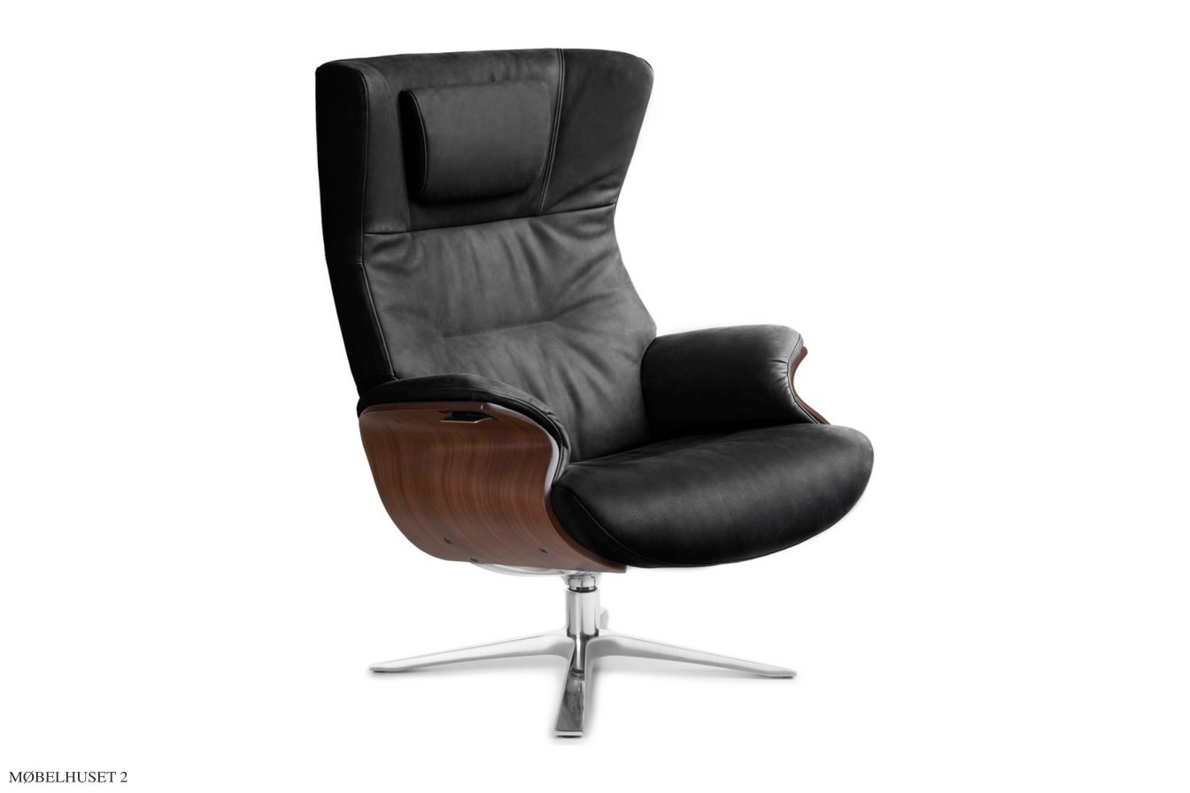Afterwork l�nestol, Valn�d, Quattro drejefod aluminium, L�der | Fantasy Black 89 | Conform