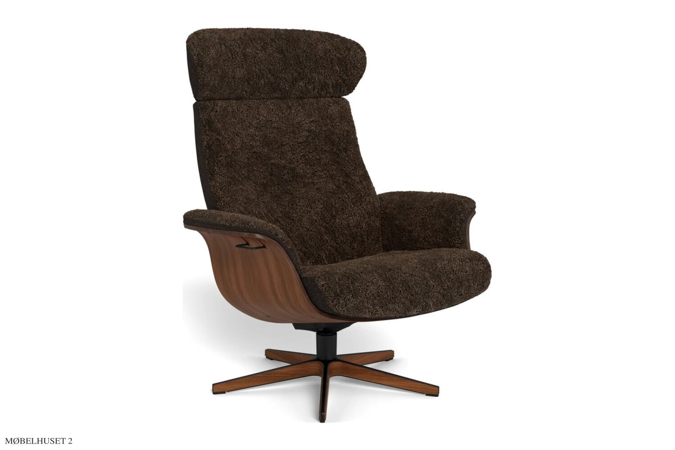 Timeout Large l�nestol, Valn�d, Drejefod tr�/sort aluminium, F�reskind | Sheepskin Espresso | Conform