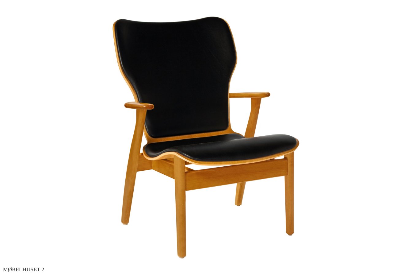 Domus Lounge Chair Sessel, Birke Honig gebeizt | Prestige Leder schwarz | Artek