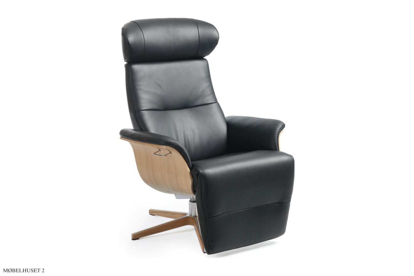 Timeout l�nestol med indbygget fodskammel, Eg lak, Drejefod tr�/aluminium, L�der | Fantasy Black 89 | Conform