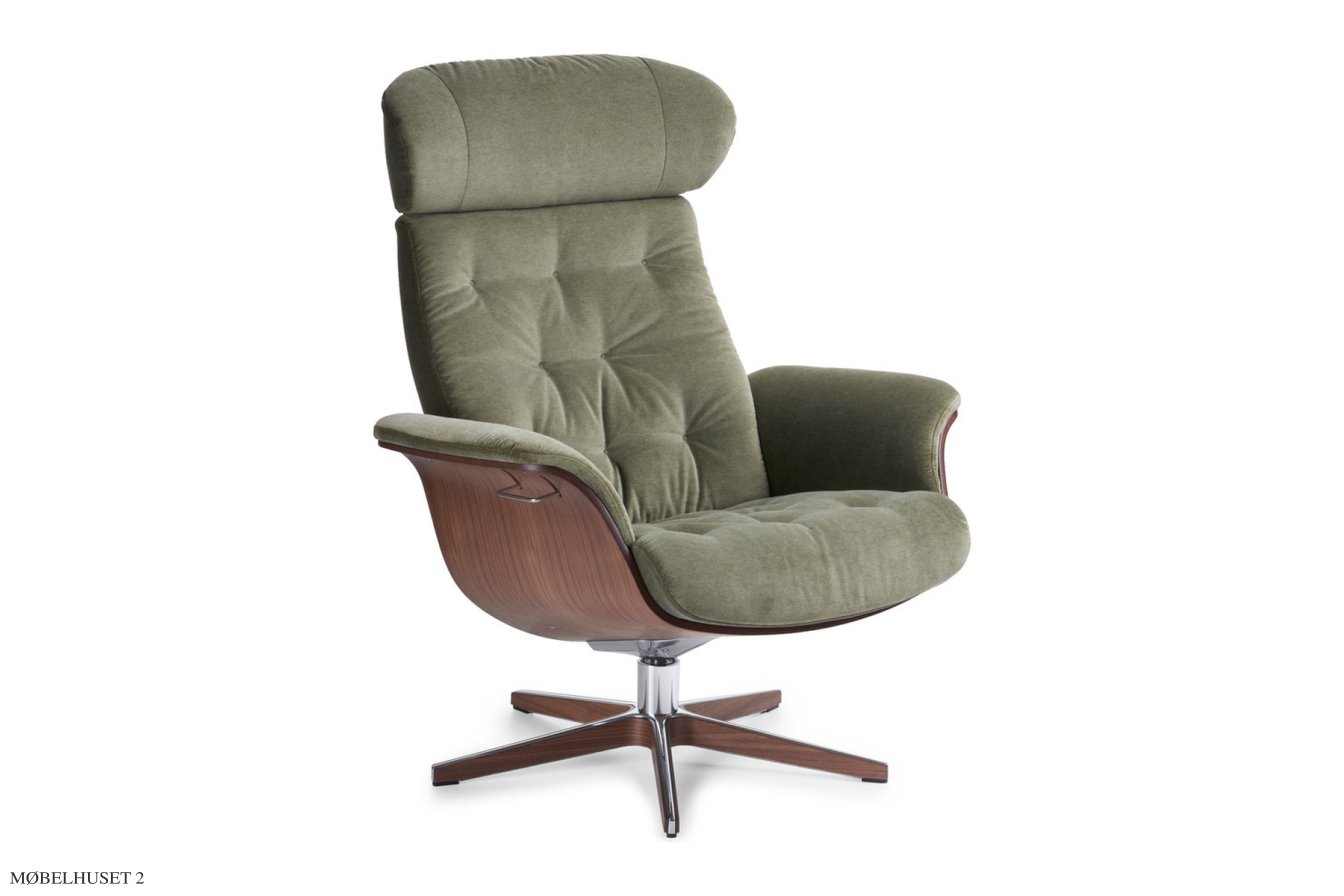 Timeout med indtr�kninger l�nestol, Valn�d, Drejefod aluminium, Stof | Trapani Olive 26 | Conform