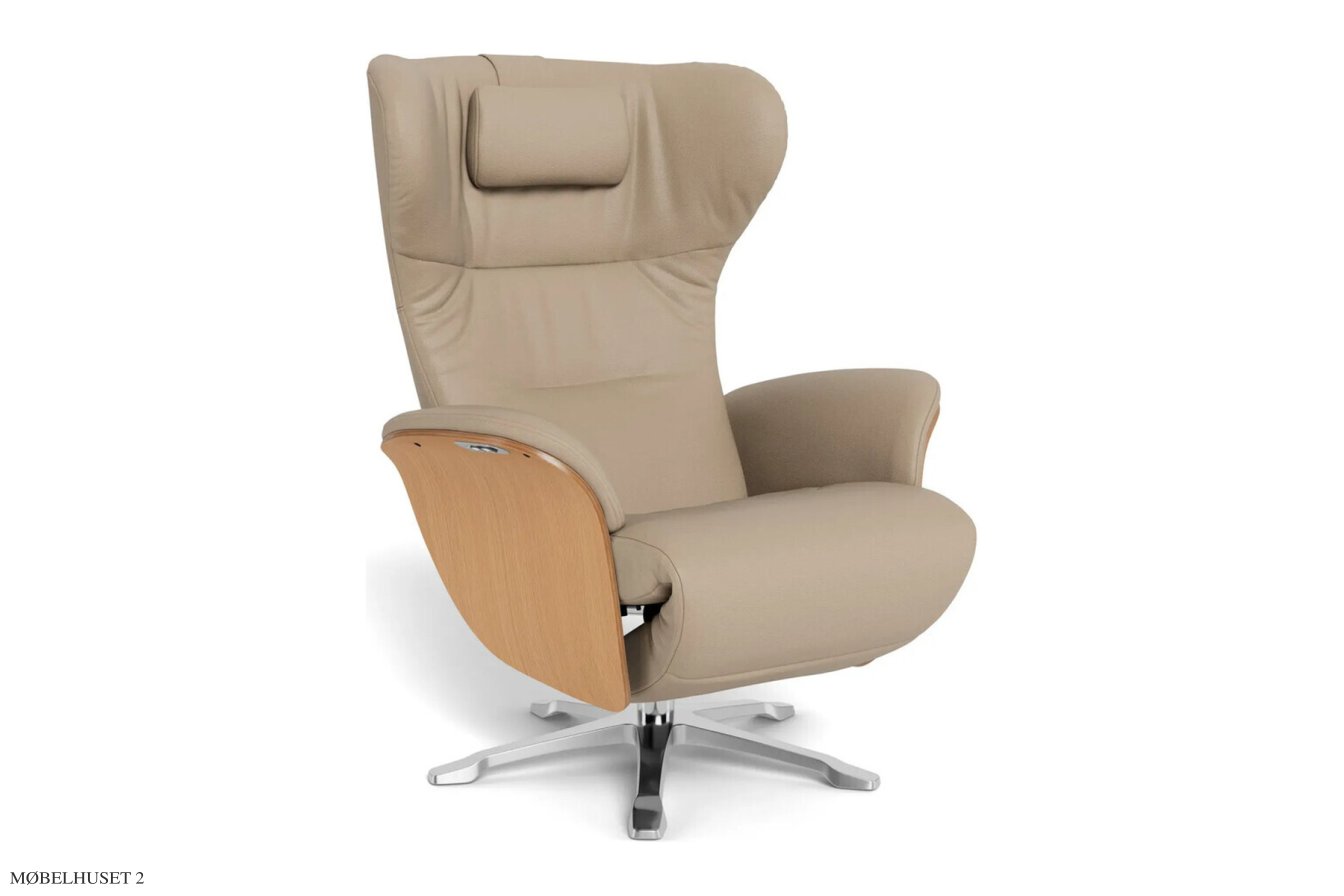 Aviora recliner l�nestol, Eg lak, Drejefod aluminium, L�der | Zero Light beige 60 | Conform