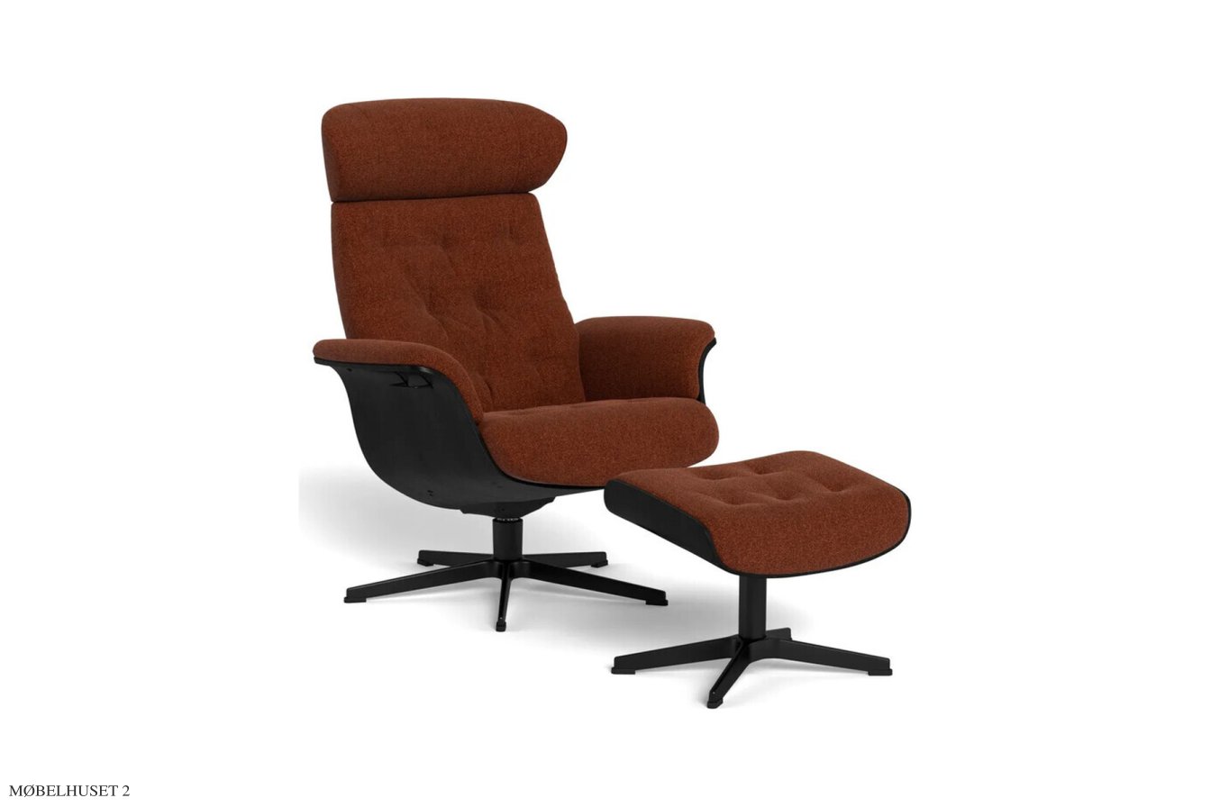 Timeout med indtr�kninger l�nestol, Eg sortbejdset, Drejefod sort aluminium, Stof | Dolce Rust 38 | Conform