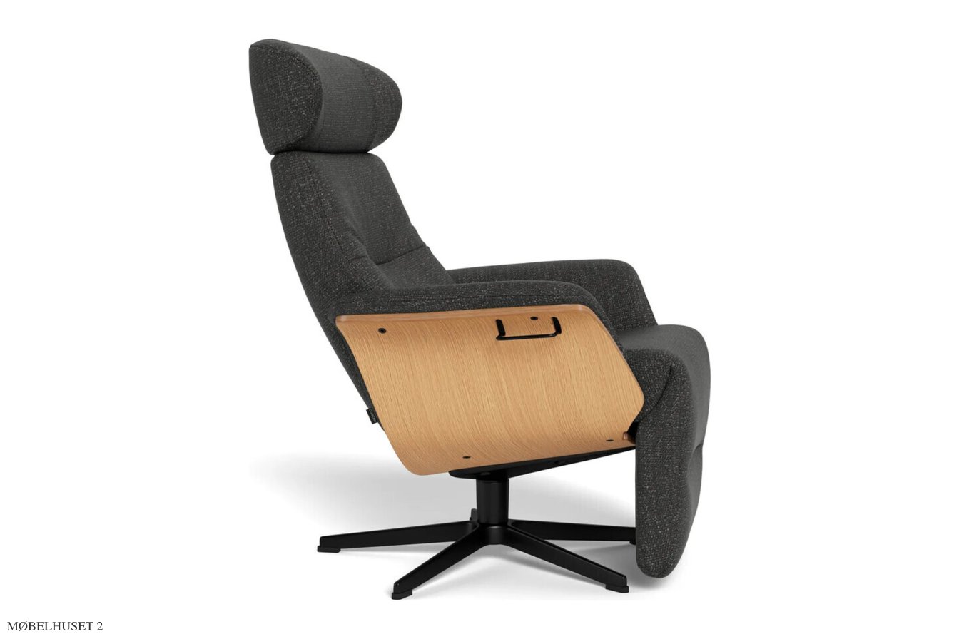 Timeout l�nestol med indbygget fodskammel, Eg lak, Drejefod sort aluminium, Stof | Benson Dark grey 78 | Conform