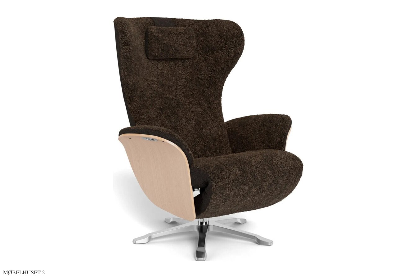 Aviora recliner l�nestol, Eg ubehandlet, Drejefod aluminium, F�reskind | Sheepskin Espresso | Conform