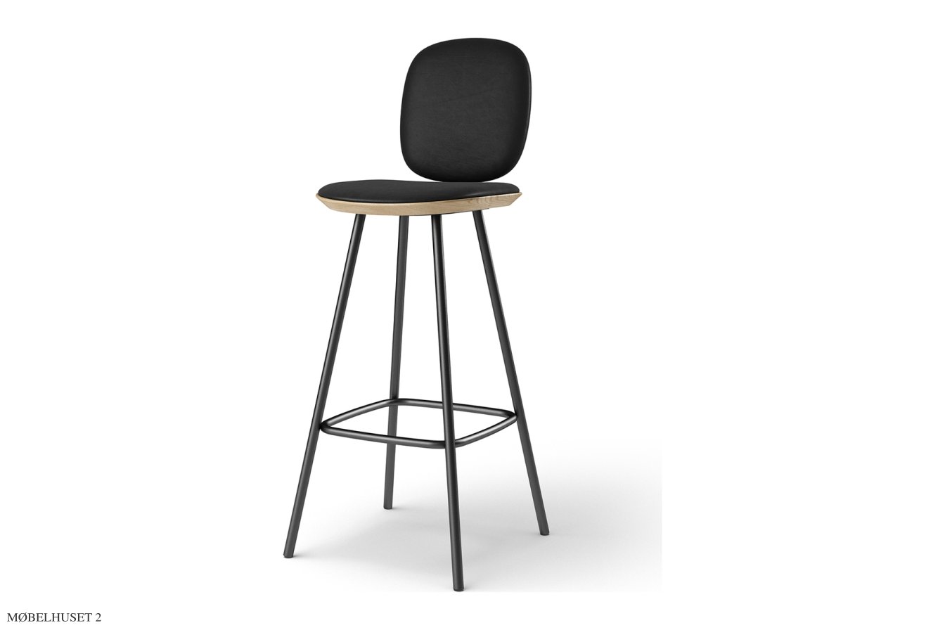 Pauline Comfort barstol, Barh�he 75 cm, Metallbeine, Eiche ge�lt, Leder | Black | Brdr. Kr�ger