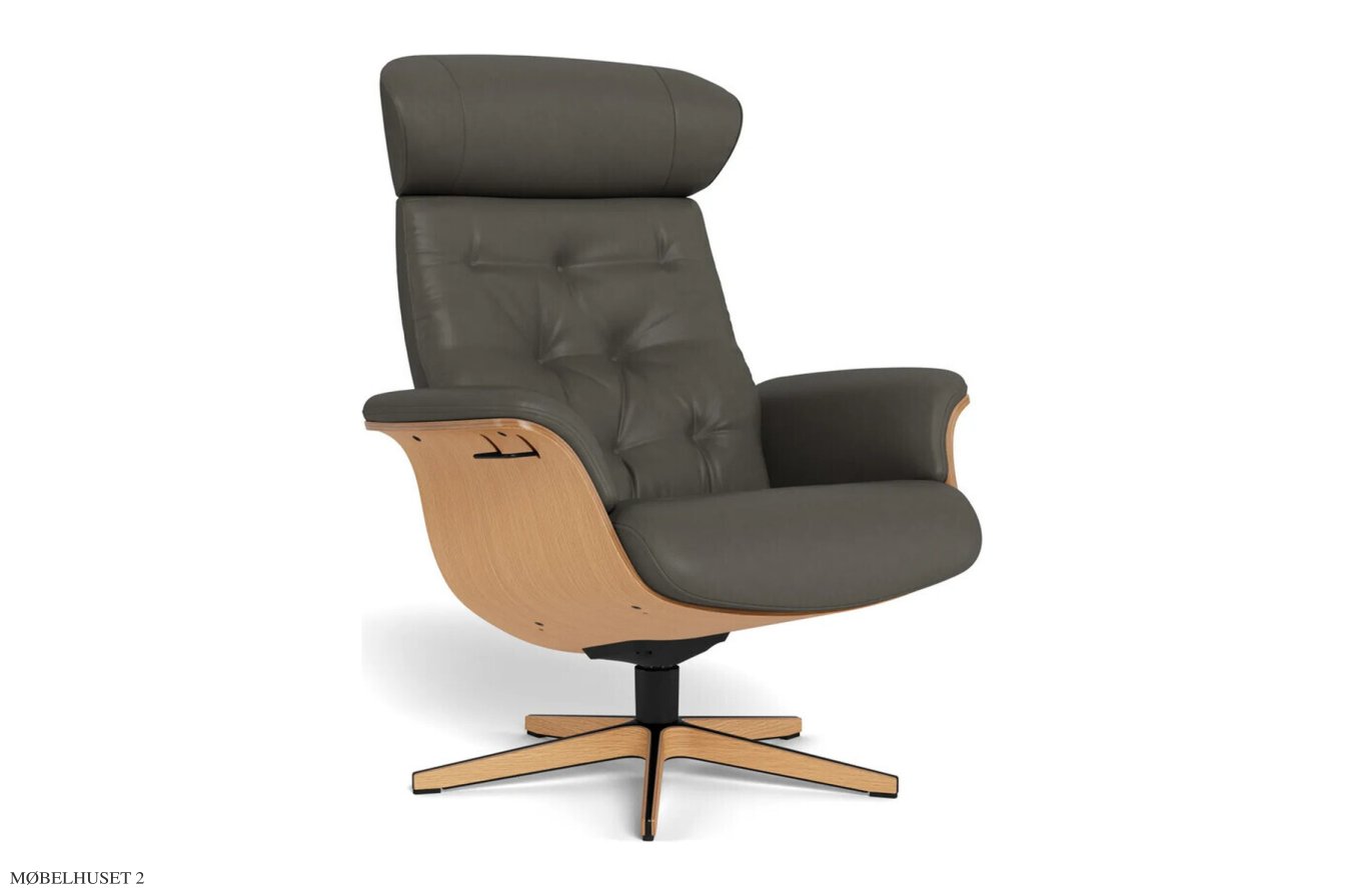 Timeout med indtr�kninger l�nestol, Eg lak, Drejefod tr�/sort aluminium, L�der | Bolzano Grey 77 | Conform