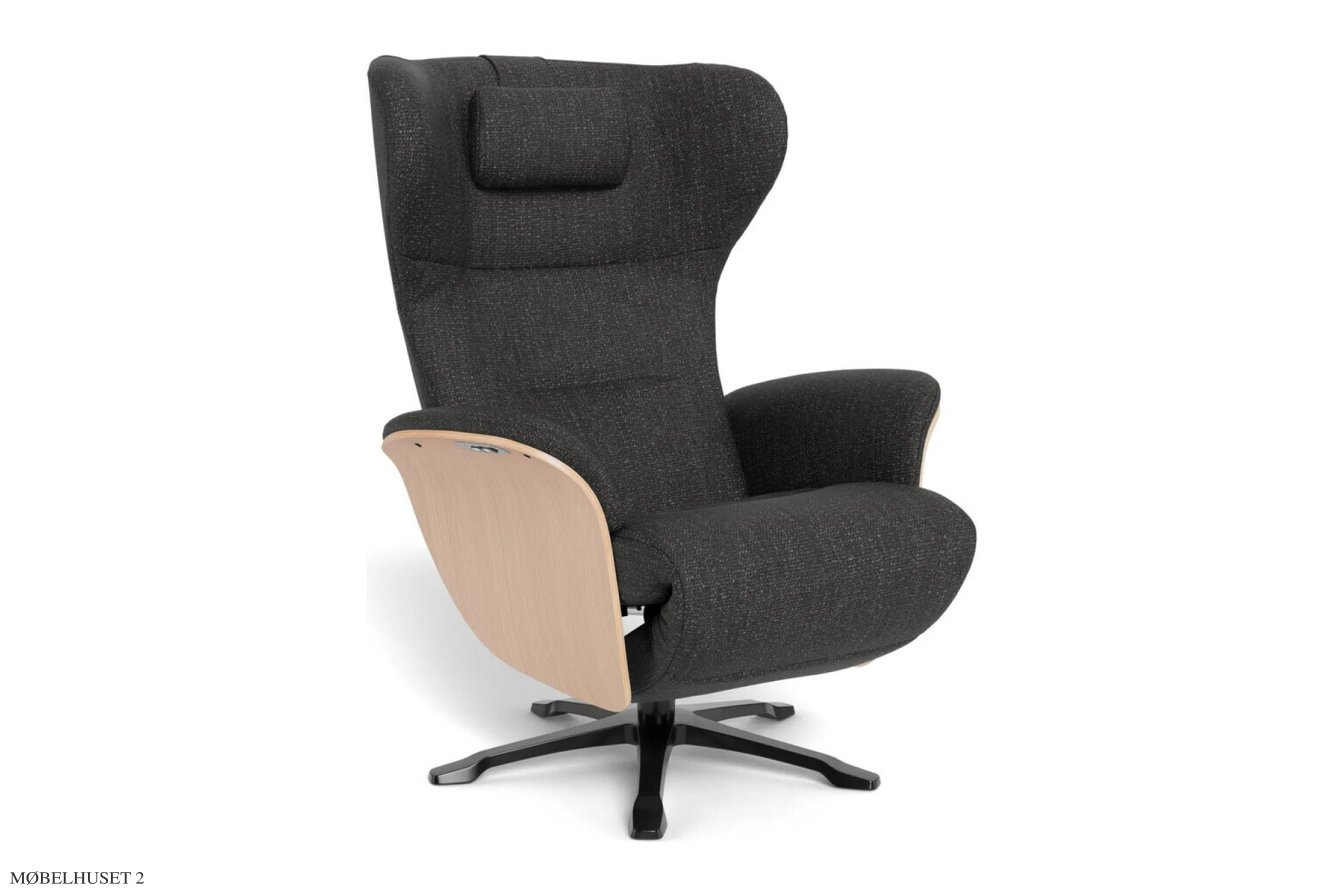 Aviora recliner l�nestol, Eg ubehandlet, Drejefod sort aluminium, Stof | Benson Dark grey 78 | Conform