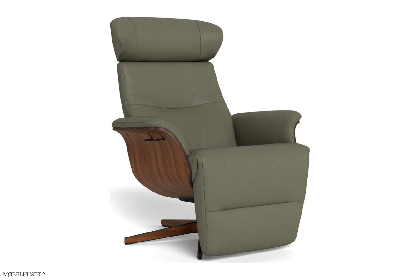 Timeout l�nestol med indbygget fodskammel, Valn�d, Drejefod tr�/sort aluminium, L�der | Bolzano Sea grass 21 | Conform