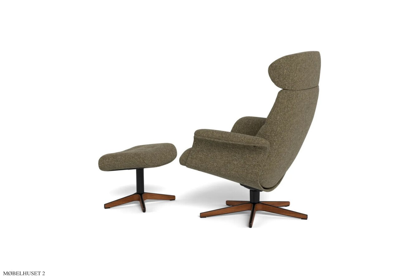 Timeout med indtr�kninger l�nestol, Helpolstret, Drejefod tr�/sort aluminium, Stof | Alta Olive 28 | Conform