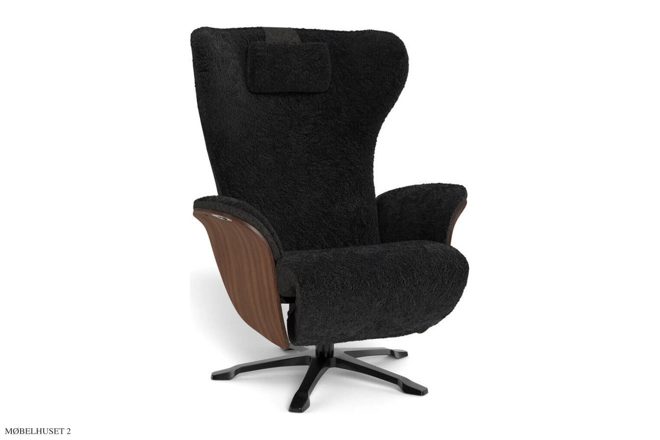 Aviora recliner l�nestol, Valn�d, Drejefod sort aluminium, F�reskind | Sheepskin Black | Conform