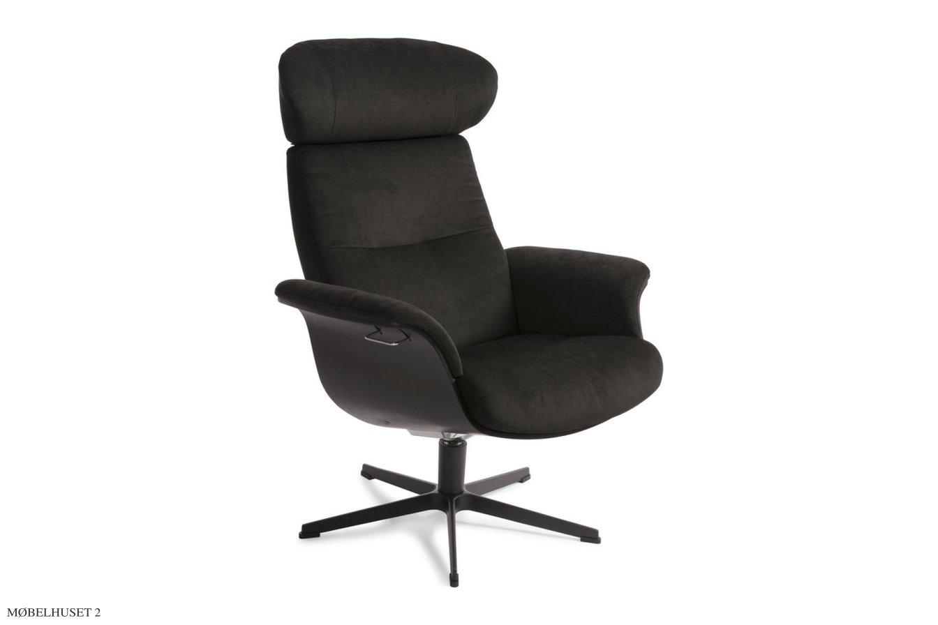 Timeout l�nestol, Eg sortbejdset, Drejefod sort aluminium, Stof | Evita Black 44 | Conform