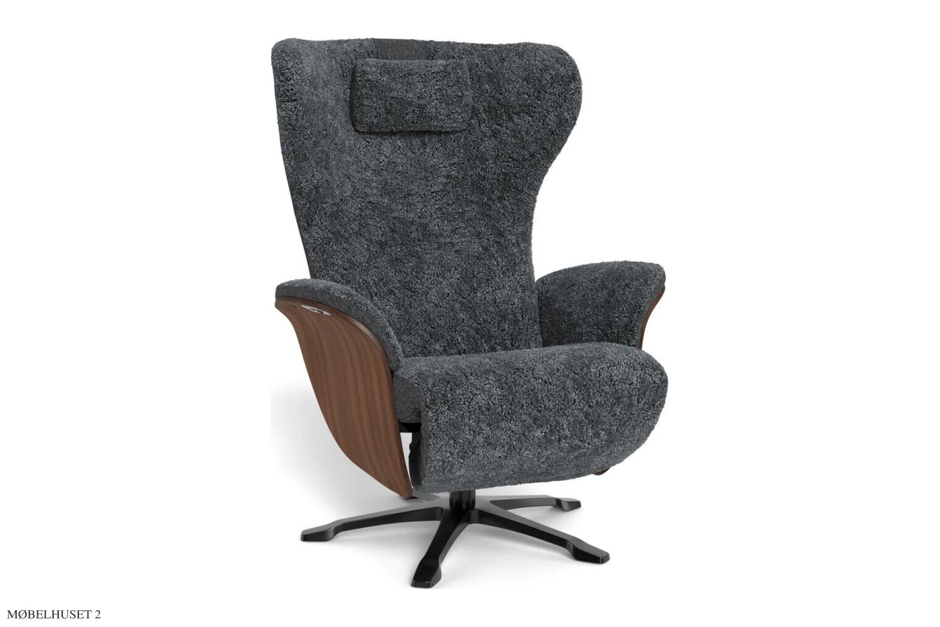 Aviora recliner l�nestol, Valn�d, Drejefod sort aluminium, F�reskind | Sheepskin Charcoal | Conform