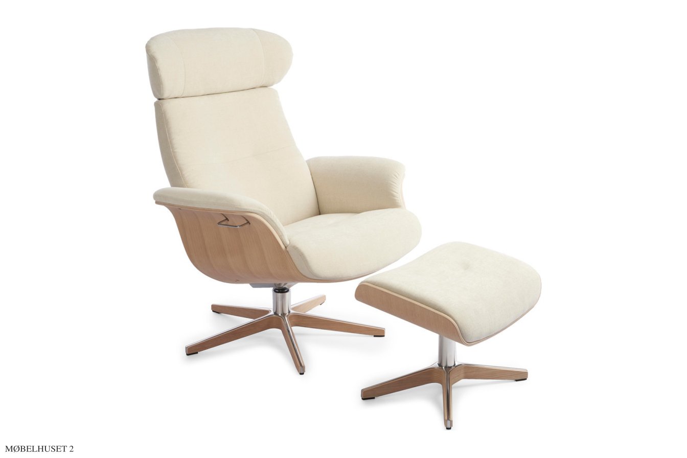 Timeout l�nestol, Eg ubehandlet, Drejefod tr�/aluminium, Stof | Velvety Ivory 03 | Conform
