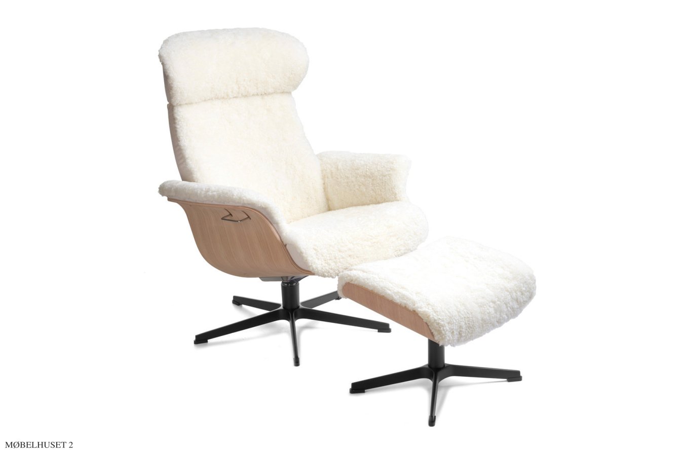 Timeout l�nestol, Eg ubehandlet, Drejefod sort aluminium, F�reskind | Sheepskin Offwhite | Conform