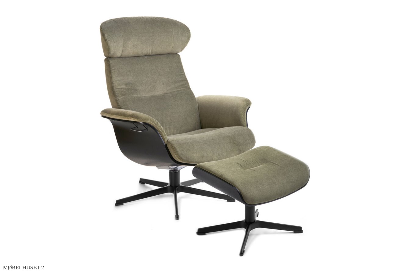 Timeout l�nestol, Eg sortbejdset, Drejefod sort aluminium, Stof | Trapani Olive 26 | Conform