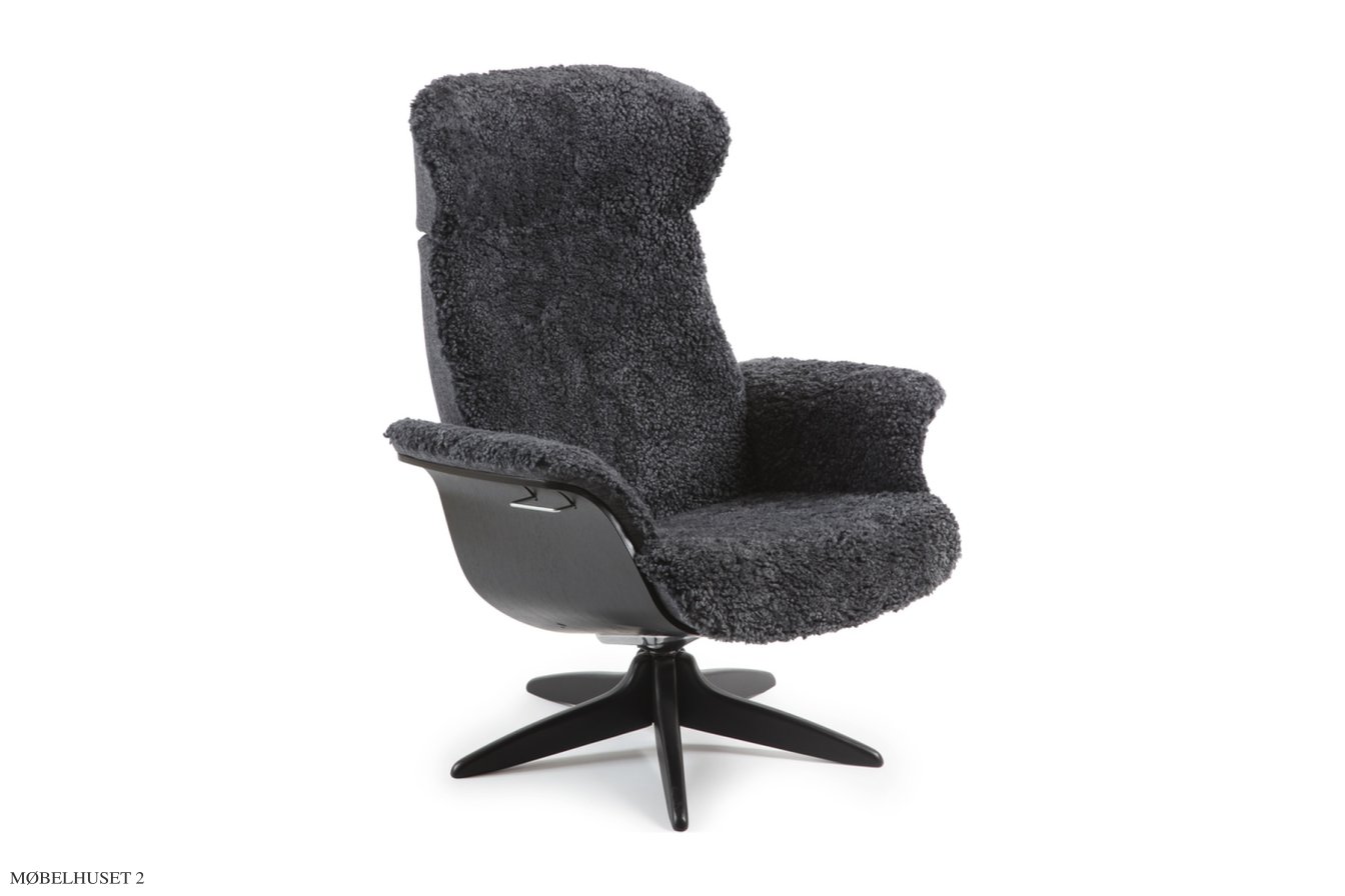 Timeout l�nestol, Eg sortbejdset, Drejefod sort aluminium, F�reskind | Sheepskin Charcoal | Conform