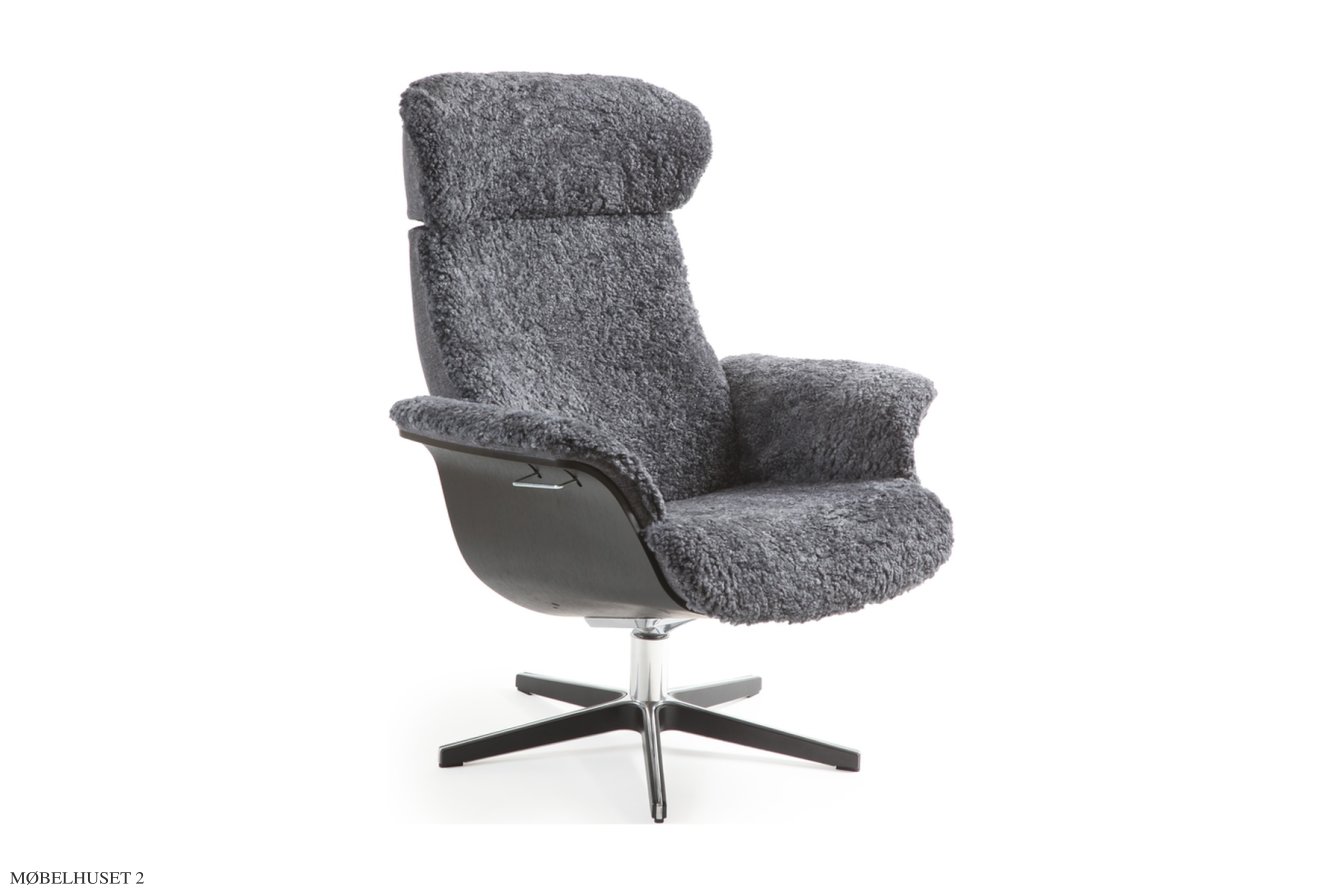 Timeout l�nestol, Eg sortbejdset, Drejefod tr�/aluminium, F�reskind | Sheepskin Charcoal | Conform
