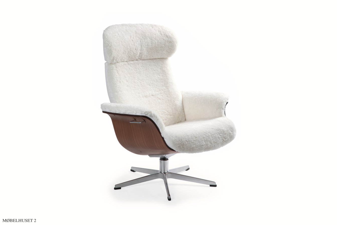 Timeout l�nestol, Valn�d, Drejefod aluminium, F�reskind | Sheepskin Offwhite | Conform