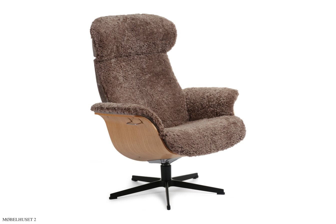 Timeout l�nestol, Eg lak, Drejefod sort aluminium, F�reskind | Sheepskin Sahara | Conform