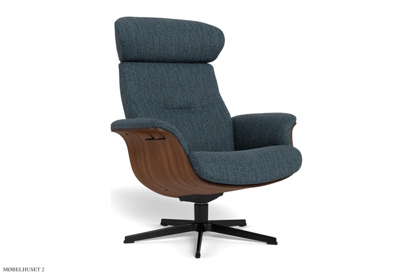 Timeout l�nestol, Valn�d, Drejefod sort aluminium, Stof | Denali Blue 47 | Conform